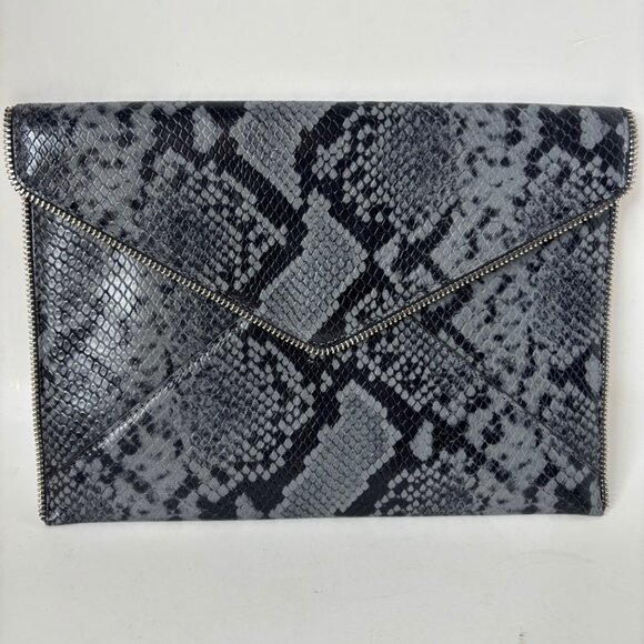 Rebecca Minkoff Leo Clutch Gray Black Snake Embossed Envelope Bag  Elevate your - Picture 1 of 8